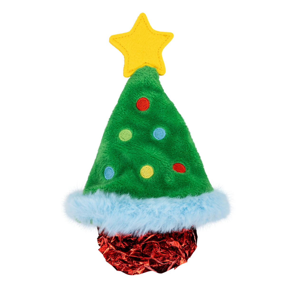 Kong Holiday Crackles Christmas Tree Cat Toy - Green - front view of the green plush tree with yellow star and red crinkle ball - Kong - PetMax Canada