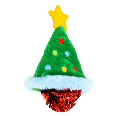Kong Holiday Crackles Christmas Tree Cat Toy - Green - angled view showing the red crinkle ball under the light blue trim - Kong - PetMax Canada