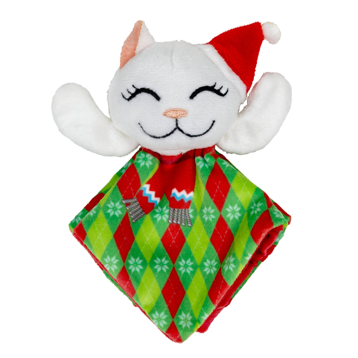 Kong Holiday Crackles Santa Kitty Cat Toy - Front view of plush kitten in a red Santa hat with argyle blanket body - Kong - PetMax Canada