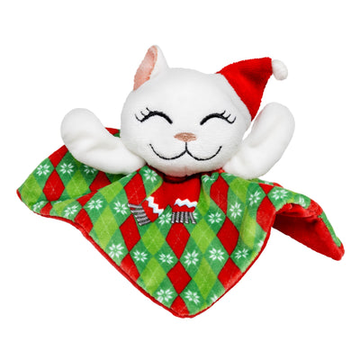 Kong Holiday Crackles Santa Kitty Cat Toy - Toy lying flat with blanket body spread to show the red underside - Kong - PetMax Canada