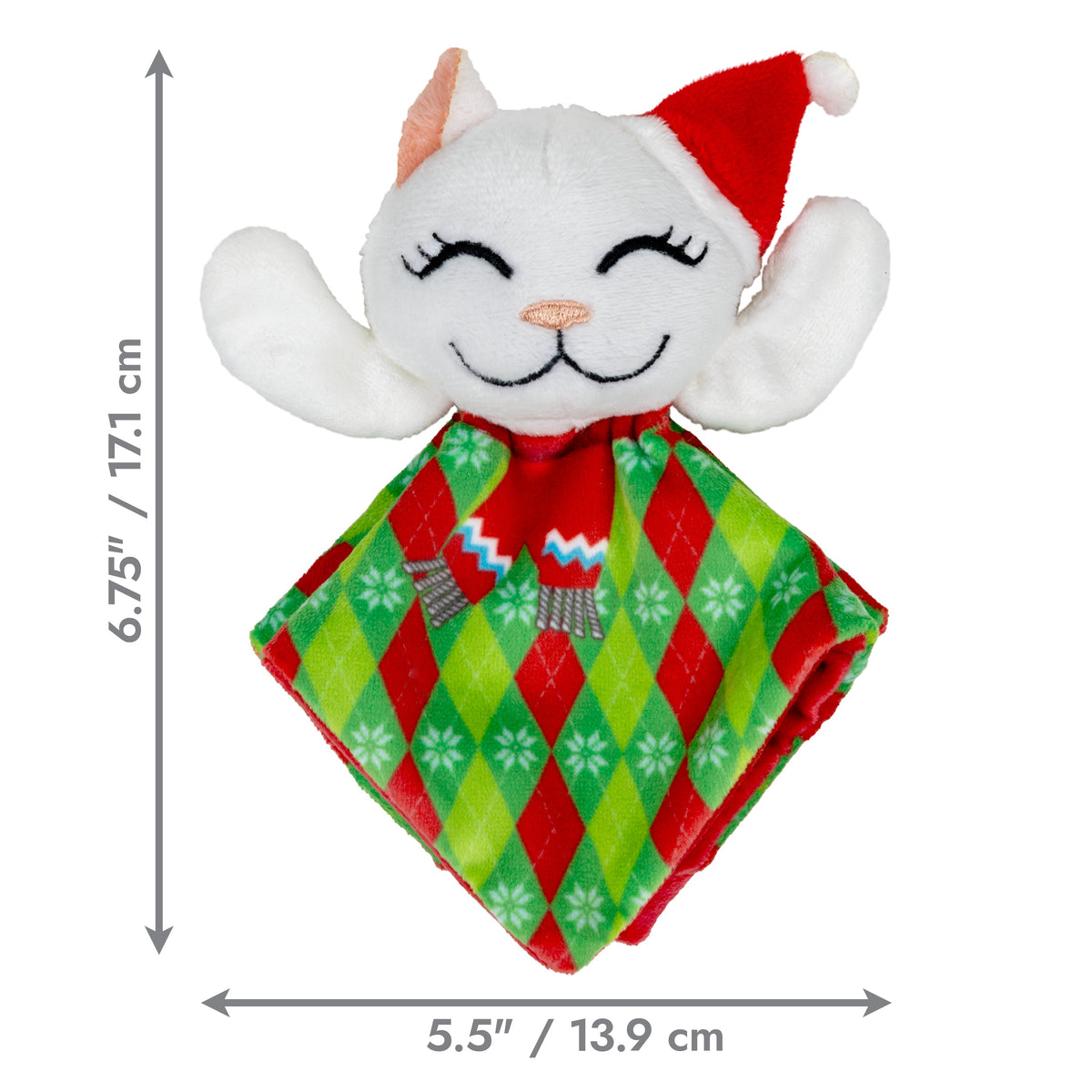 Kong Holiday Crackles Santa Kitty Cat Toy - Dimension graphic showing 6.75 in (17.1 cm) tall by 5.5 in (13.9 cm) wide - Kong - PetMax Canada