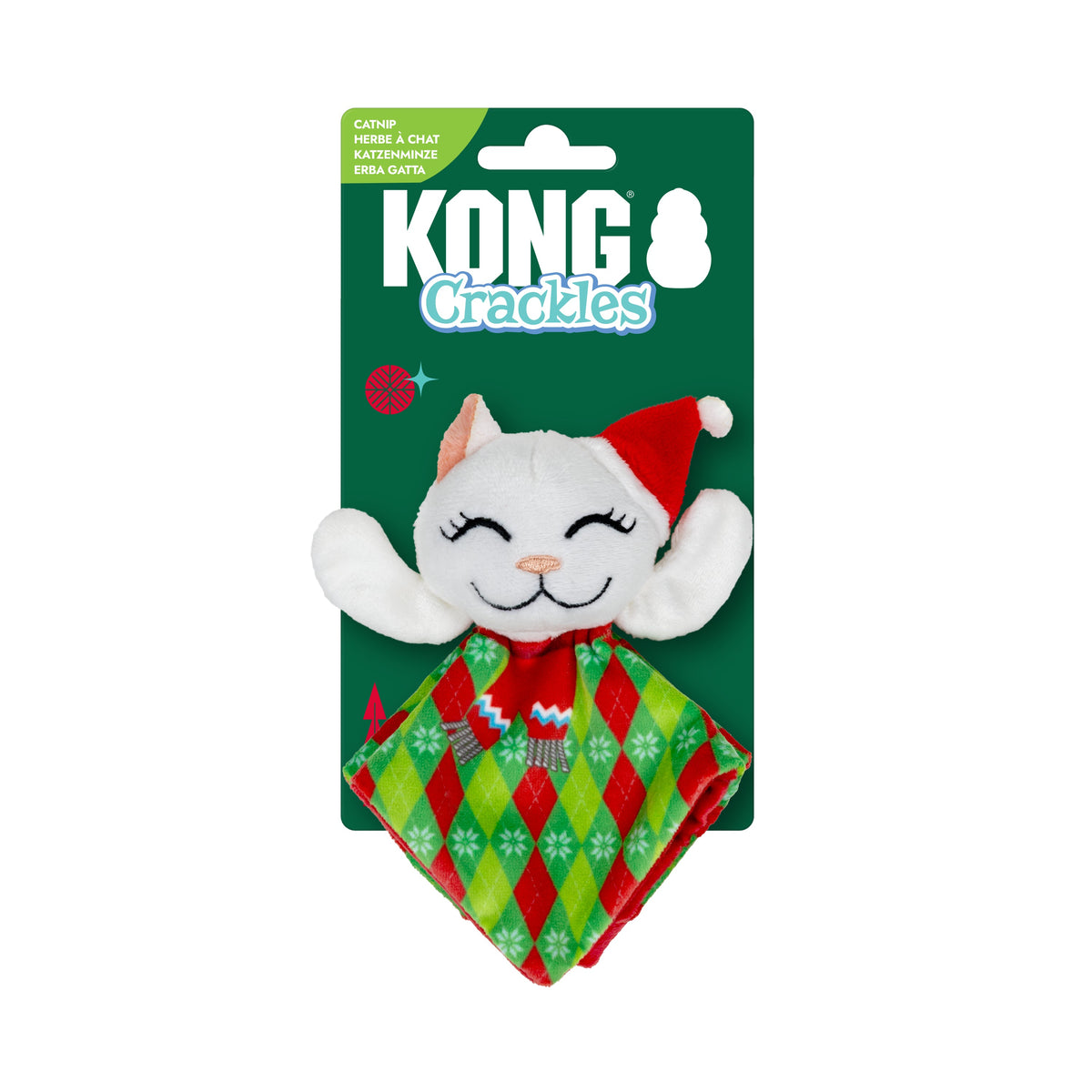 Kong Holiday Crackles Santa Kitty Cat Toy - Toy on its green KONG Crackles hang card marked Catnip - Kong - PetMax Canada