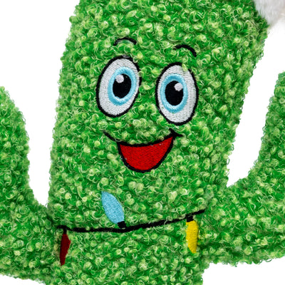 Kong Holiday Kickeroo Santa Cactus Cat Toy - close-up of embroidered face and holiday lights - Kong - PetMax Canada