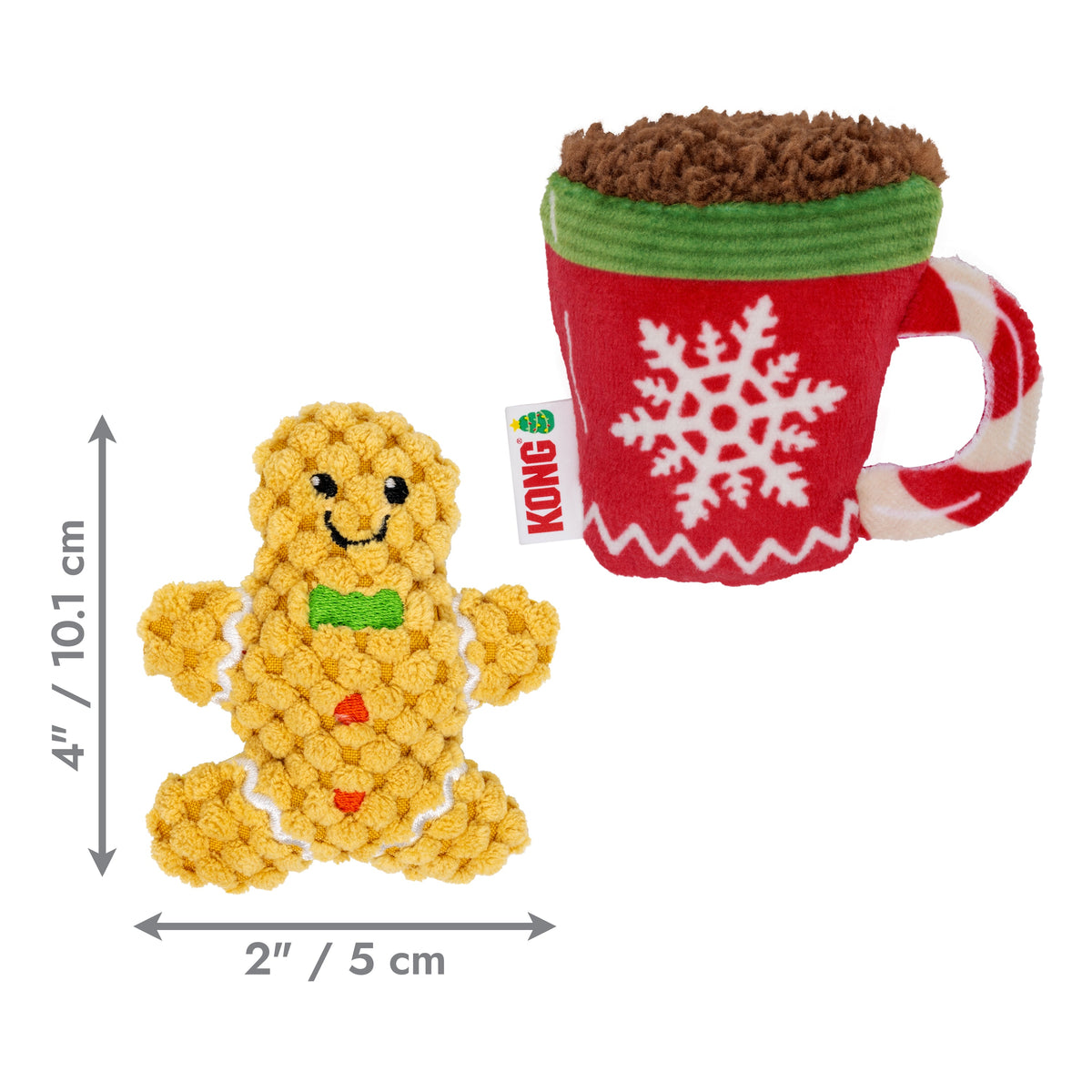 Kong Holiday Scrattles Gingerbread & Cocoa Cat Toy 2-Pack - dimension graphic showing gingerbread toy 4 in (10.1 cm) tall - Kong - PetMax Canada