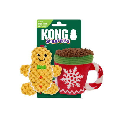 Kong Holiday Scrattles Gingerbread & Cocoa Cat Toy 2-Pack - both toys in KONG Scrattles holiday packaging - Kong - PetMax Canada