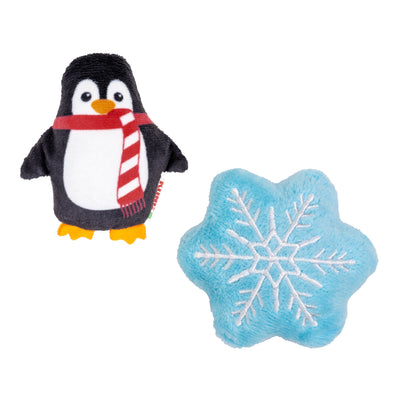 Kong Holiday Scrattles Penguin & Snowflake Cat Toy 2-Pack - Penguin and snowflake toys side by side - Kong - PetMax Canada