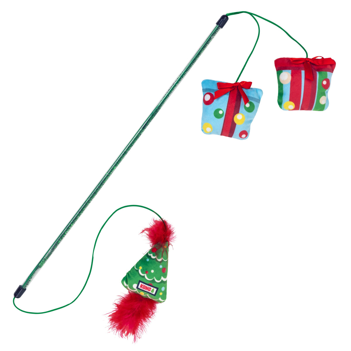 Kong Holiday Teaser Dual Cat Toy - wand with two plush gift boxes on one end and a plush Christmas tree on the other - Kong - PetMax Canada