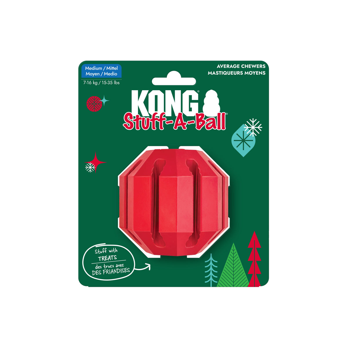 Kong Holiday Stuff-A-Ball Dog Toy - in holiday packaging, Medium for average chewers - Kong - PetMax Canada