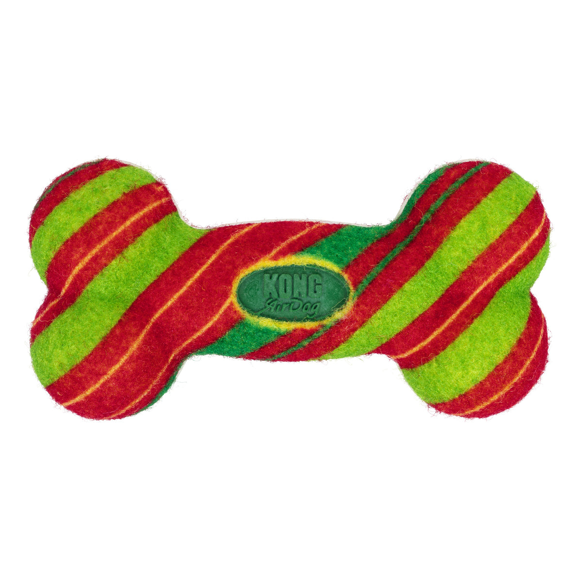 Kong Holiday AirDog Squeaker Bone Dog Toy - Striped - red and green striped squeaker bone, front view - Kong - PetMax Canada