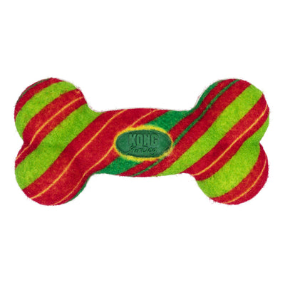 Kong Holiday AirDog Squeaker Bone Dog Toy - Striped - red and green striped squeaker bone, front view - Kong - PetMax Canada