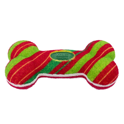 Kong Holiday AirDog Squeaker Bone Dog Toy - Striped - angled view showing thickness and seam - Kong - PetMax Canada