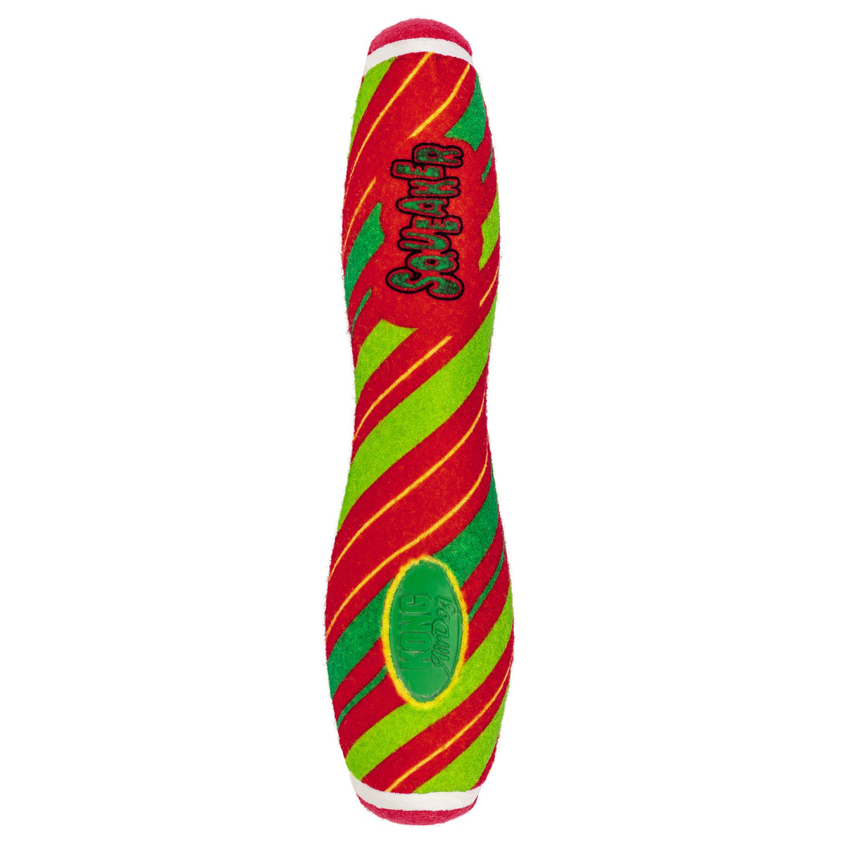 Kong Holiday AirDog Squeaker Stick Dog Toy - Striped - Front view of the red and green striped squeaker stick - Kong - PetMax Canada