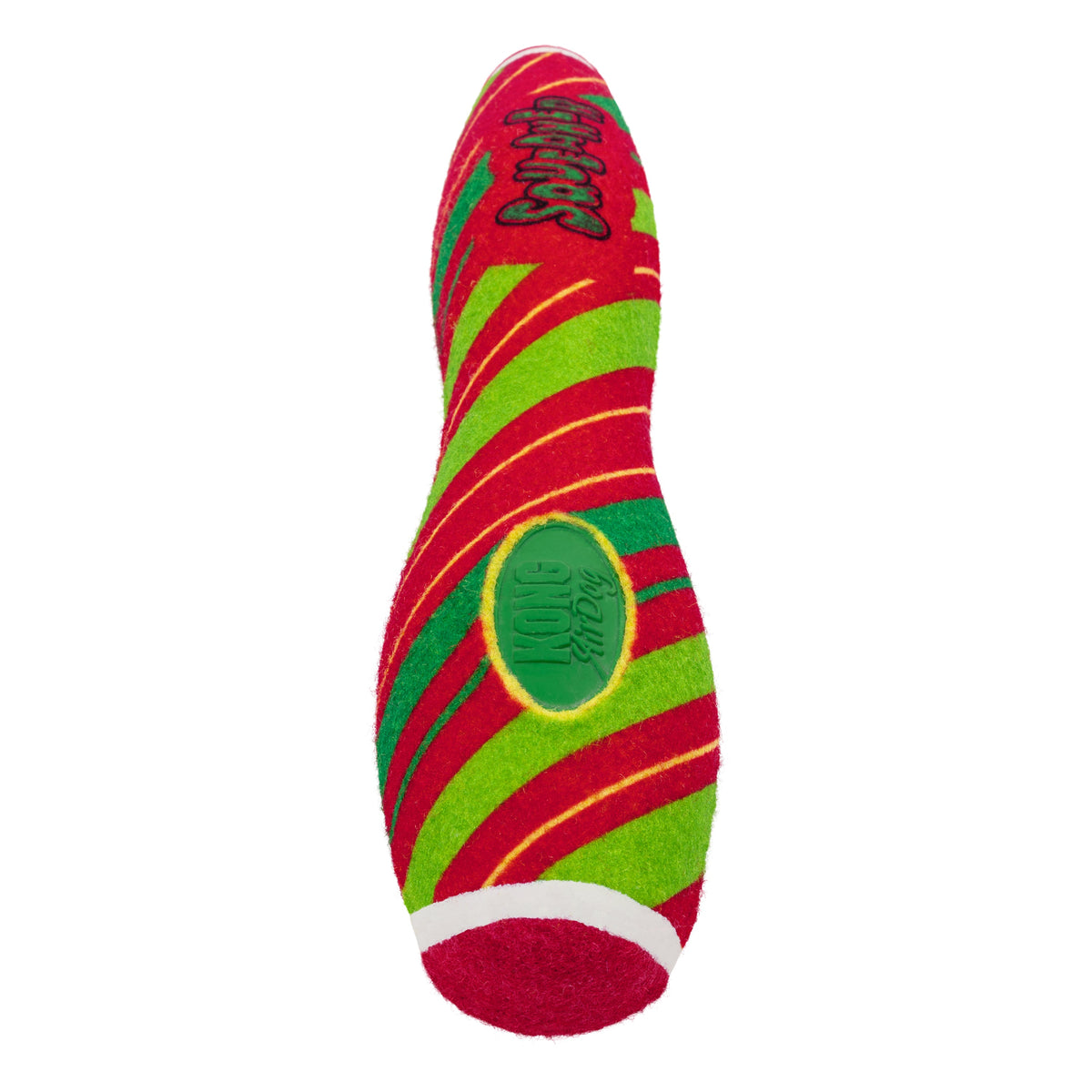 Kong Holiday AirDog Squeaker Stick Dog Toy - Striped - Angled view showing the tennis-felt end cap and KONG AirDog badge - Kong - PetMax Canada