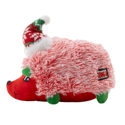 Kong Holiday Comfort HedgeHug Dog Toy - Red - side profile showing the shaggy red and white fur and KONG label - Kong - PetMax Canada
