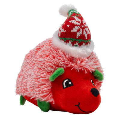 Kong Holiday Comfort HedgeHug Dog Toy - Red - three-quarter front view of the plush hedgehog in its knit holiday cap - Kong - PetMax Canada
