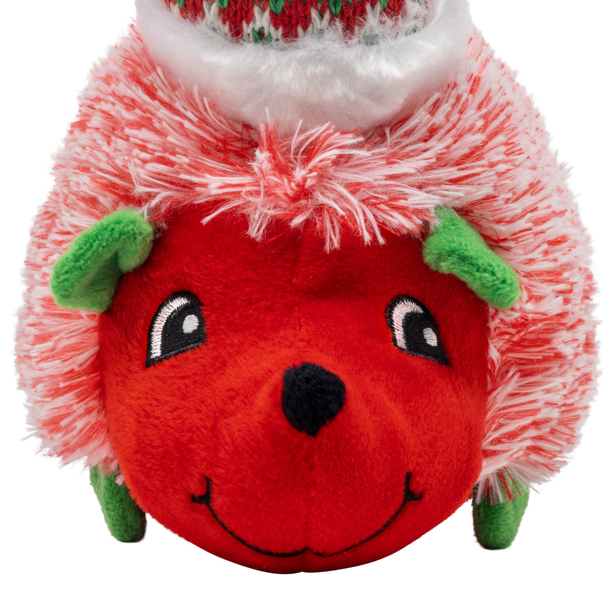 Kong Holiday Comfort HedgeHug Dog Toy - Red - close-up of the smiling red plush face and green ears - Kong - PetMax Canada