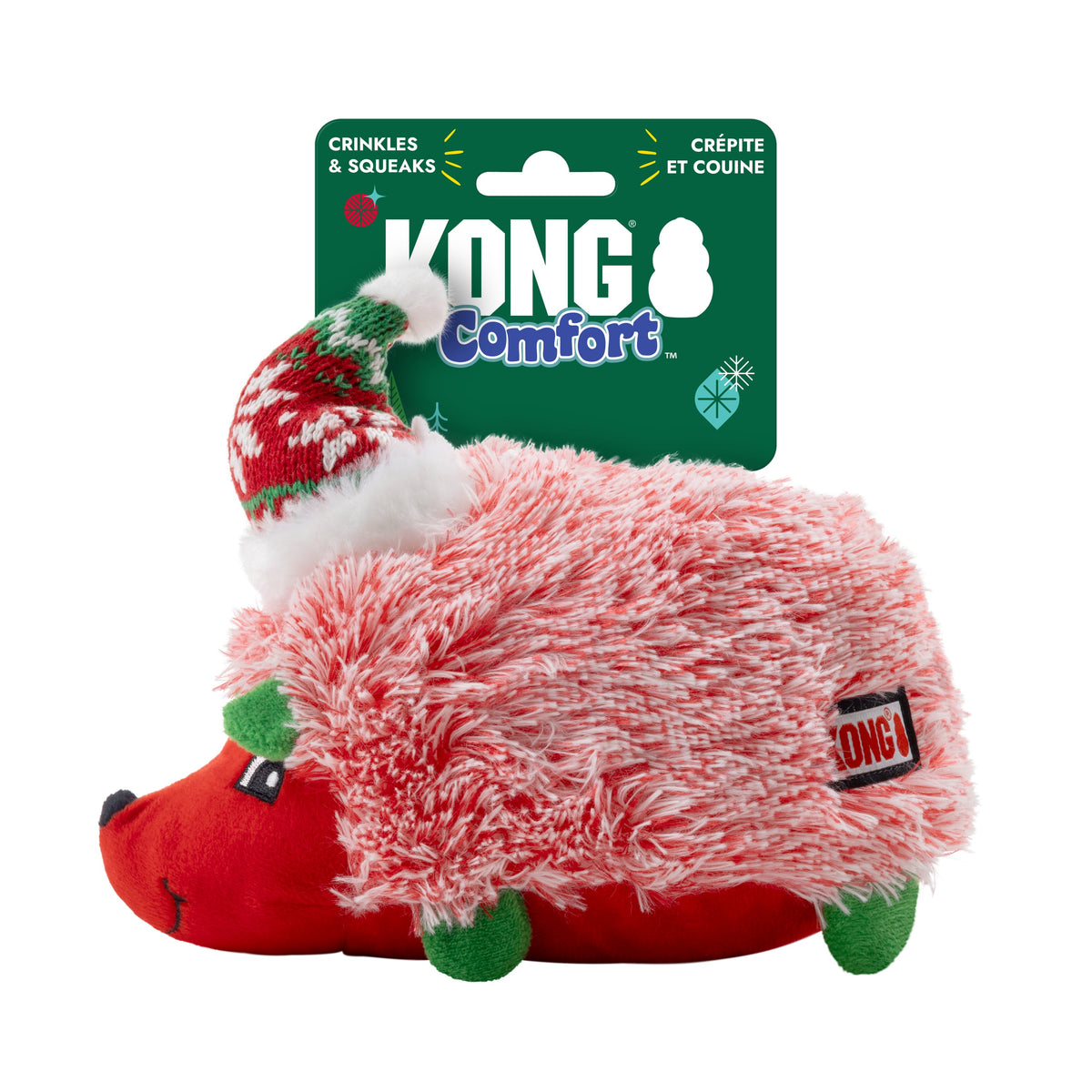 Kong Holiday Comfort HedgeHug Dog Toy - Red - on its KONG Comfort hang tag reading Crinkles and Squeaks - Kong - PetMax Canada