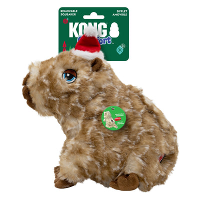 Kong Holiday Comfort Wuzzeez Capybara Dog Toy - in KONG Comfort holiday packaging with removable squeaker tag - Kong - PetMax Canada