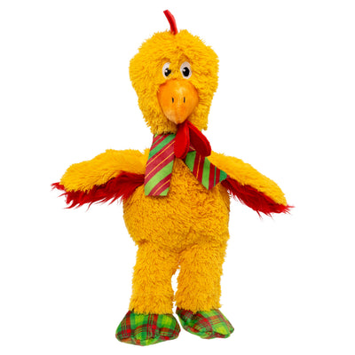Kong Holiday Knots Chicken Dog Toy - yellow plush chicken in striped scarf and plaid socks, front view - Kong - PetMax Canada