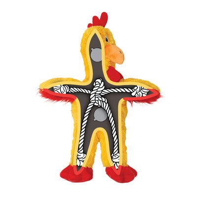 Kong Holiday Knots Chicken Dog Toy - cutaway graphic showing internal knotted rope and squeakers - Kong - PetMax Canada