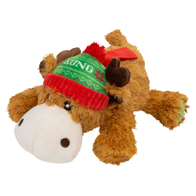 Kong Holiday Cozie Reindeer Dog Toy - Red/Green - Side angle showing plush body, antlers and green paw pad - Kong - PetMax Canada