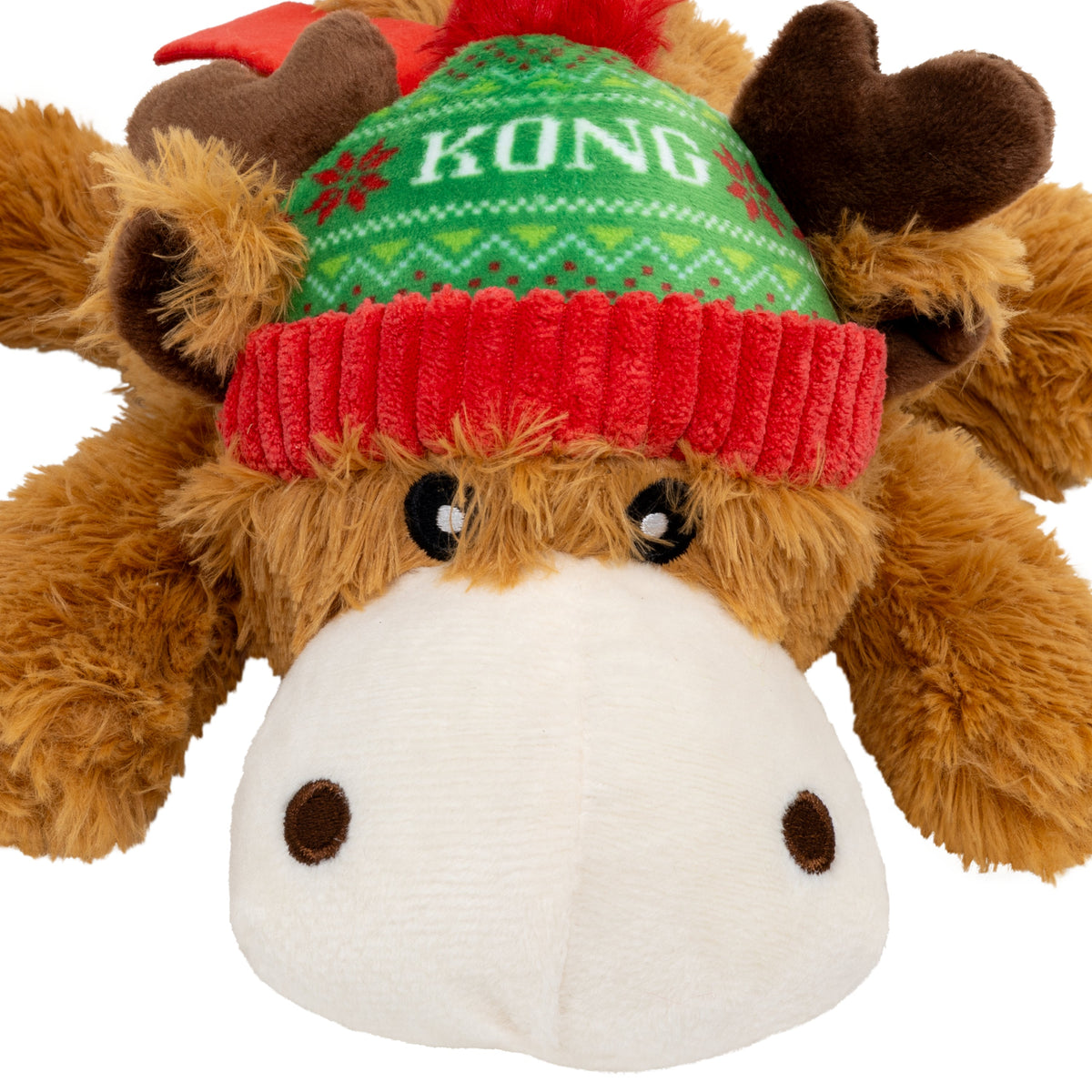 Kong Holiday Cozie Reindeer Dog Toy - Red/Green - Close-up of face, KONG cap and soft cream muzzle - Kong - PetMax Canada