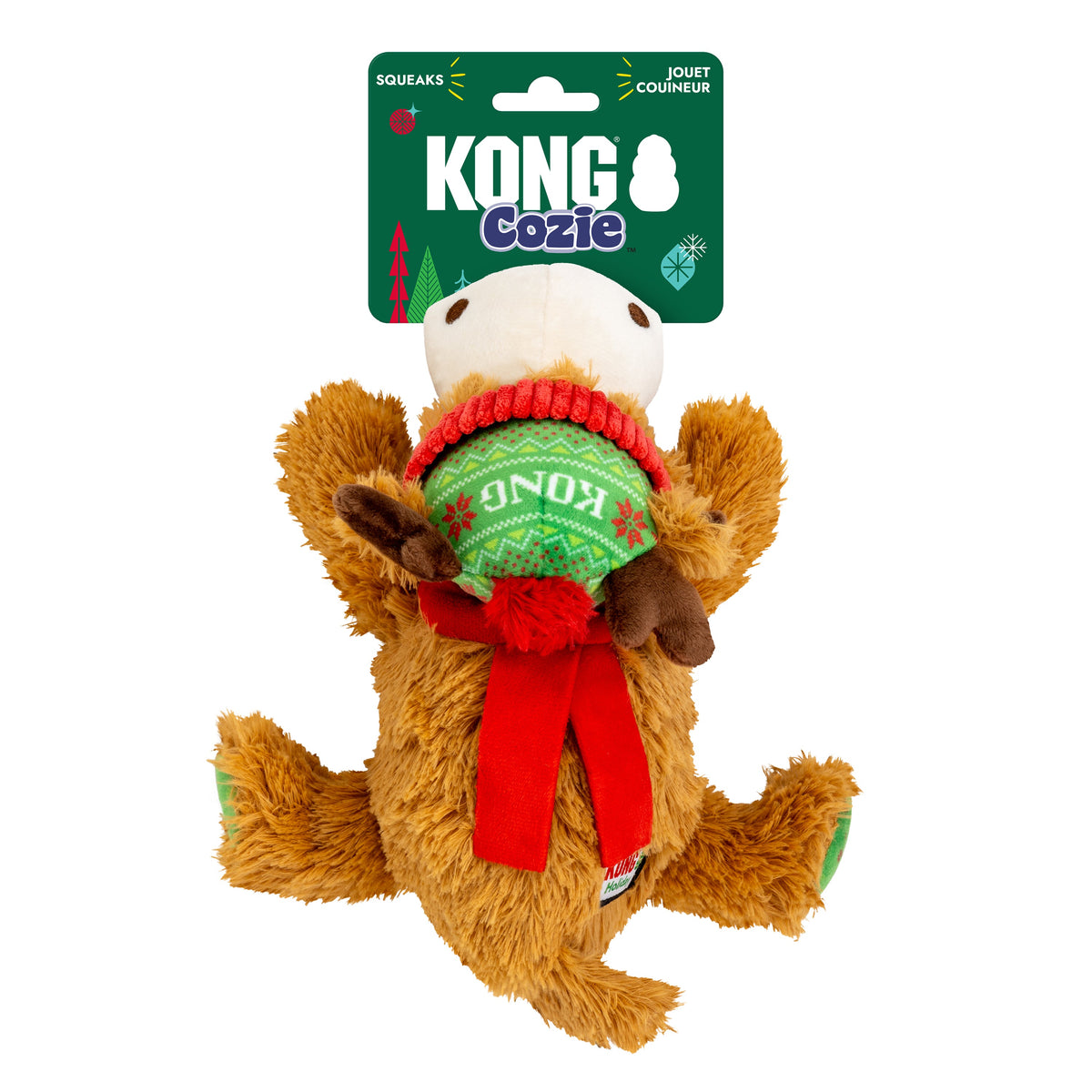 Kong Holiday Cozie Reindeer Dog Toy - Red/Green - Back view on KONG Cozie hang tag marked Squeaks - Kong - PetMax Canada