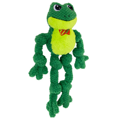 Kong Holiday Knots Bow Tie Frog Dog Toy - Side angle showing long knotted arms and legs - Kong - PetMax Canada