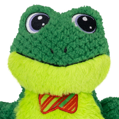 Kong Holiday Knots Bow Tie Frog Dog Toy - Close-up of embroidered eyes and holiday bow tie - Kong - PetMax Canada