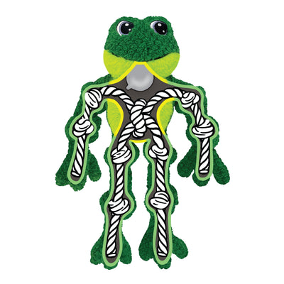 Kong Holiday Knots Bow Tie Frog Dog Toy - Cutaway showing internal knotted rope skeleton and squeaker - Kong - PetMax Canada