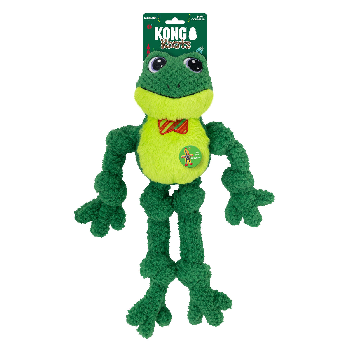 Kong Holiday Knots Bow Tie Frog Dog Toy - In holiday packaging with KONG Knots hang tag - Kong - PetMax Canada