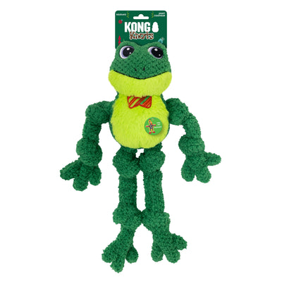 Kong Holiday Knots Bow Tie Frog Dog Toy - In holiday packaging with KONG Knots hang tag - Kong - PetMax Canada