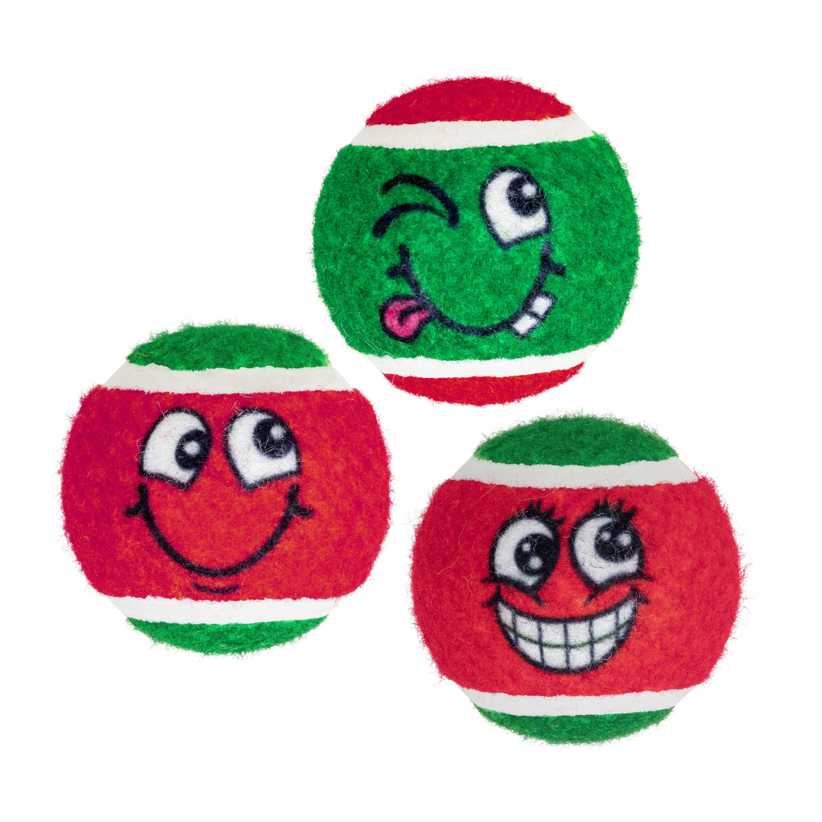 Kong Holiday Grinz Naughty & Nice Sport Balls Dog Toy 3-Pack - three red and green balls with grinning faces - Kong - PetMax Canada