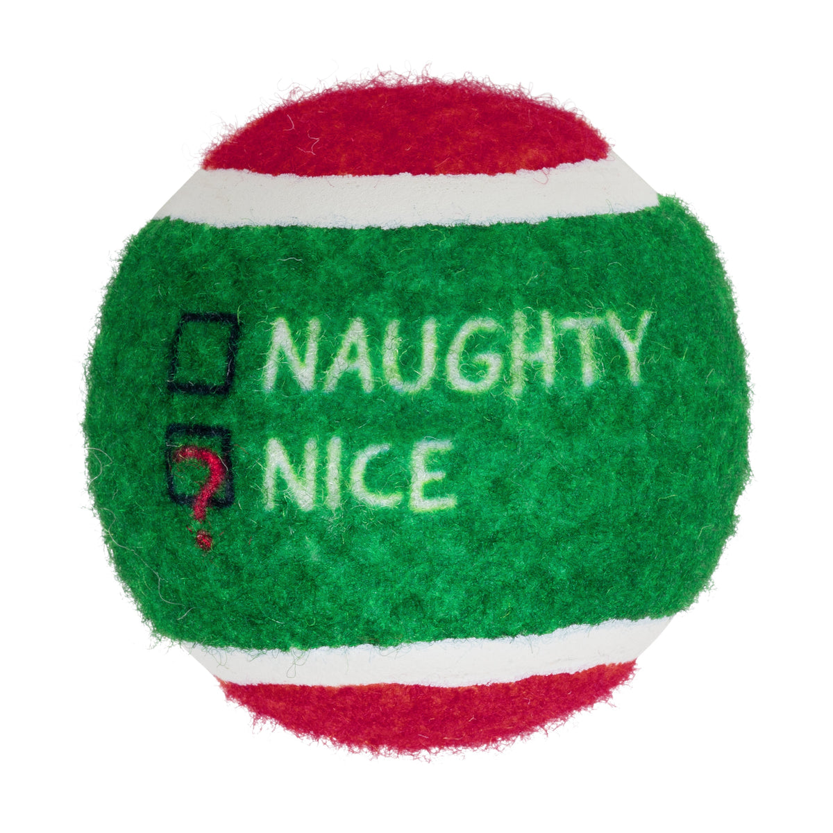 Kong Holiday Grinz Naughty & Nice Sport Balls Dog Toy 3-Pack - green ball with question mark on the Naughty or Nice checklist - Kong - PetMax Canada