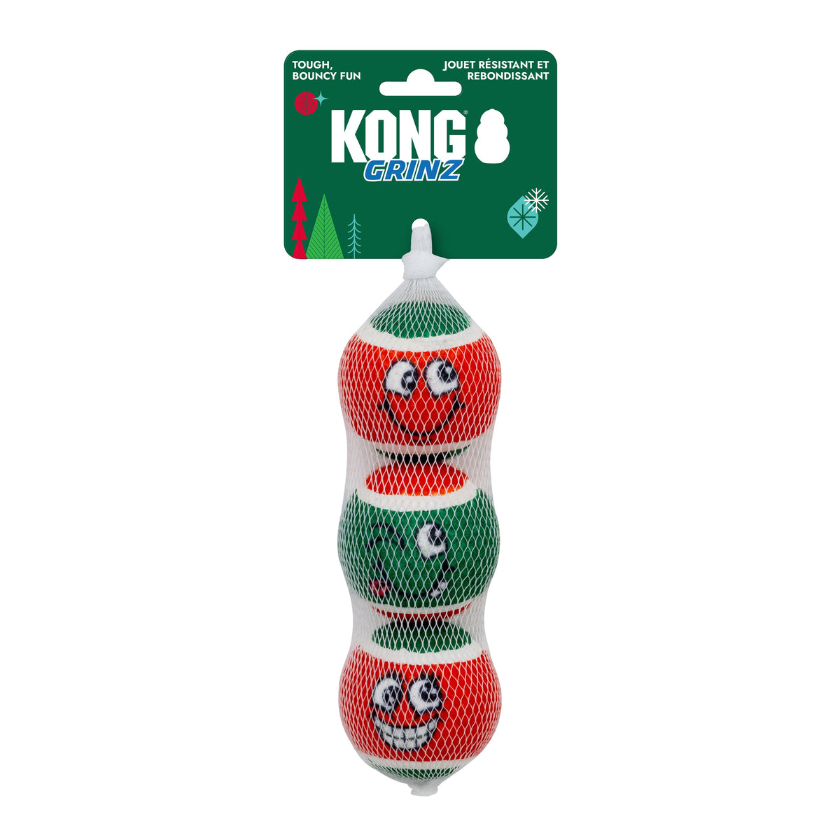 Kong Holiday Grinz Naughty & Nice Sport Balls Dog Toy 3-Pack - three balls in mesh net with KONG Grinz hang tag - Kong - PetMax Canada