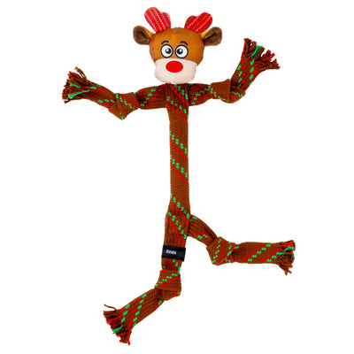 Kong Holiday Scrubz Reindeer Dog Toy - Front view of woven rope reindeer with knotted arms and legs - Kong - PetMax Canada