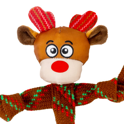 Kong Holiday Scrubz Reindeer Dog Toy - Close-up of the reindeer face, plush ears and woven rope - Kong - PetMax Canada