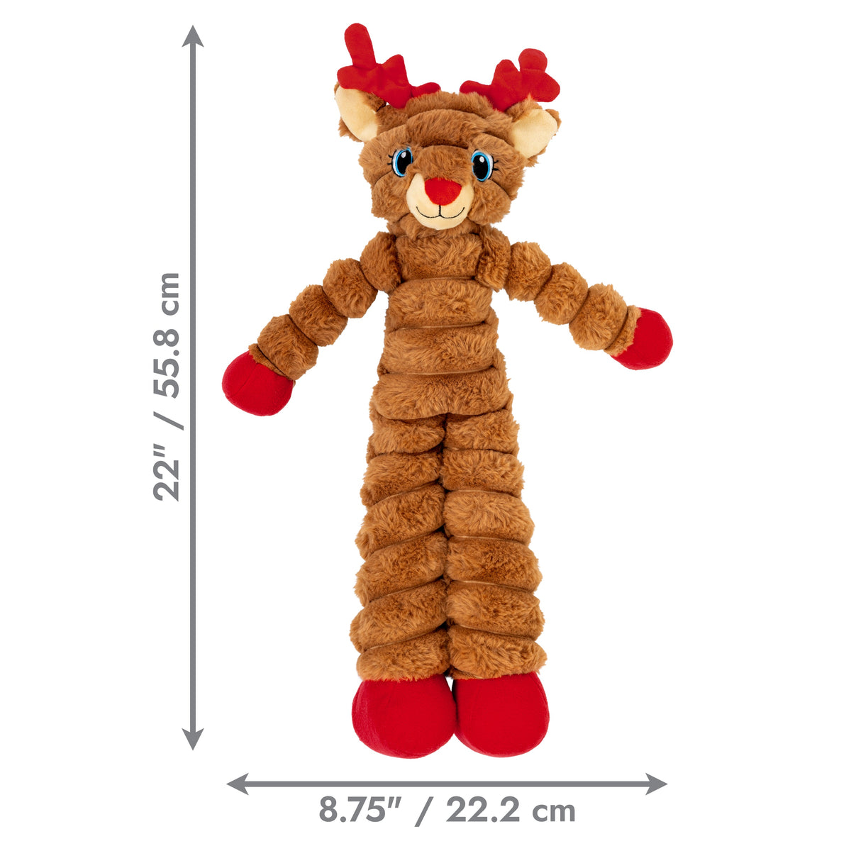 Kong Holiday Shakers Crumples Reindeer Dog Toy - Red - dimensions 22 in x 8.75 in (55.8 cm x 22.2 cm) - Kong - PetMax Canada