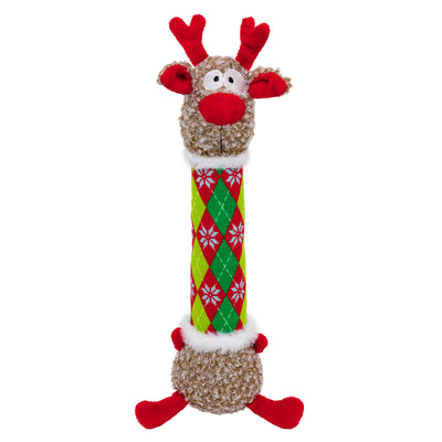 Kong Holiday Shakers Luvs Reindeer Dog Toy - Argyle - Front view of long plush reindeer with red and green argyle body - Kong - PetMax Canada