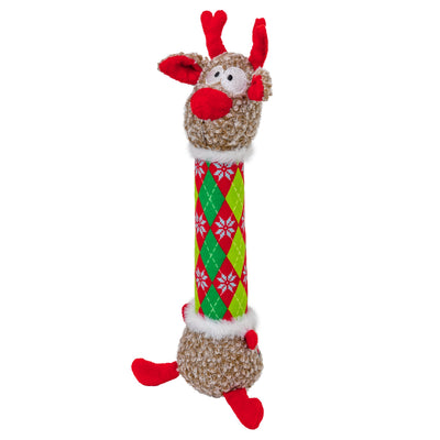 Kong Holiday Shakers Luvs Reindeer Dog Toy - Argyle - Three-quarter angle showing curly plush head, argyle body and red feet - Kong - PetMax Canada