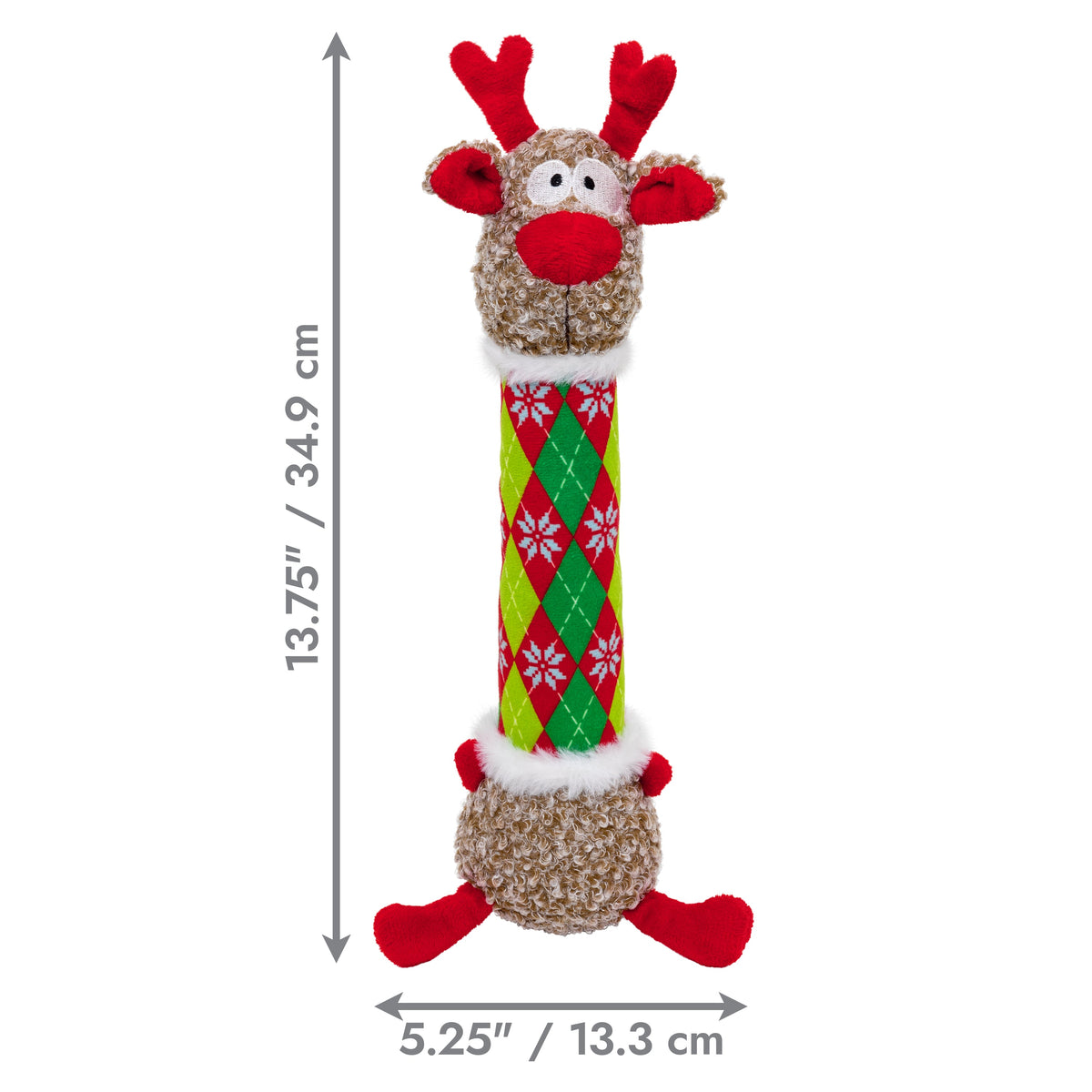 Kong Holiday Shakers Luvs Reindeer Dog Toy - Argyle - Medium size dimensions 13.75 x 5.25 in (34.9 x 13.3 cm) - Kong - PetMax Canada