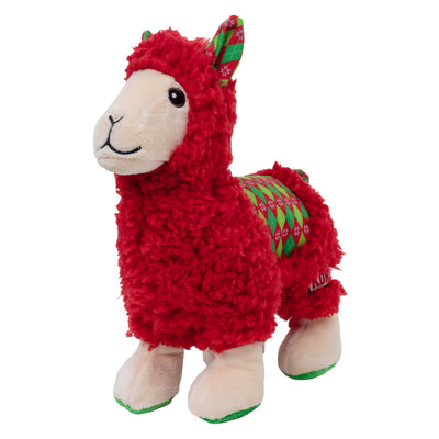 Kong Holiday Sherps Llama Dog Toy - Red - three-quarter front view showing the llama's embroidered face - Kong - PetMax Canada