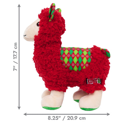 Kong Holiday Sherps Llama Dog Toy - Red - dimension graphic, Medium 8.25 in (20.9 cm) long by 7 in (17.7 cm) high - Kong - PetMax Canada