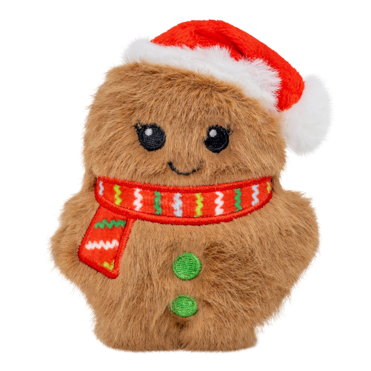 Kong Holiday Snuzzles Mini Santa Gingerbread Dog Toy - front view in Santa hat and striped scarf - Kong - PetMax Canada