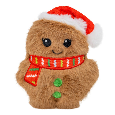 Kong Holiday Snuzzles Mini Santa Gingerbread Dog Toy - front view in Santa hat and striped scarf - Kong - PetMax Canada
