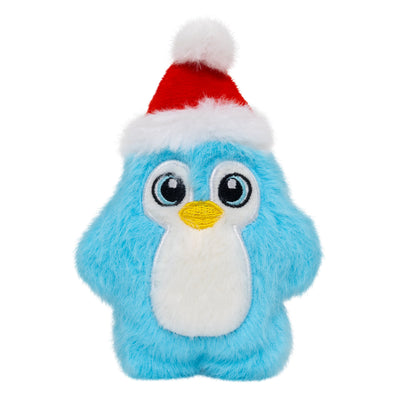 Kong Holiday Snuzzles Santa Penguin Dog Toy - X-Small blue penguin in a red Santa hat, front view - Kong - PetMax Canada