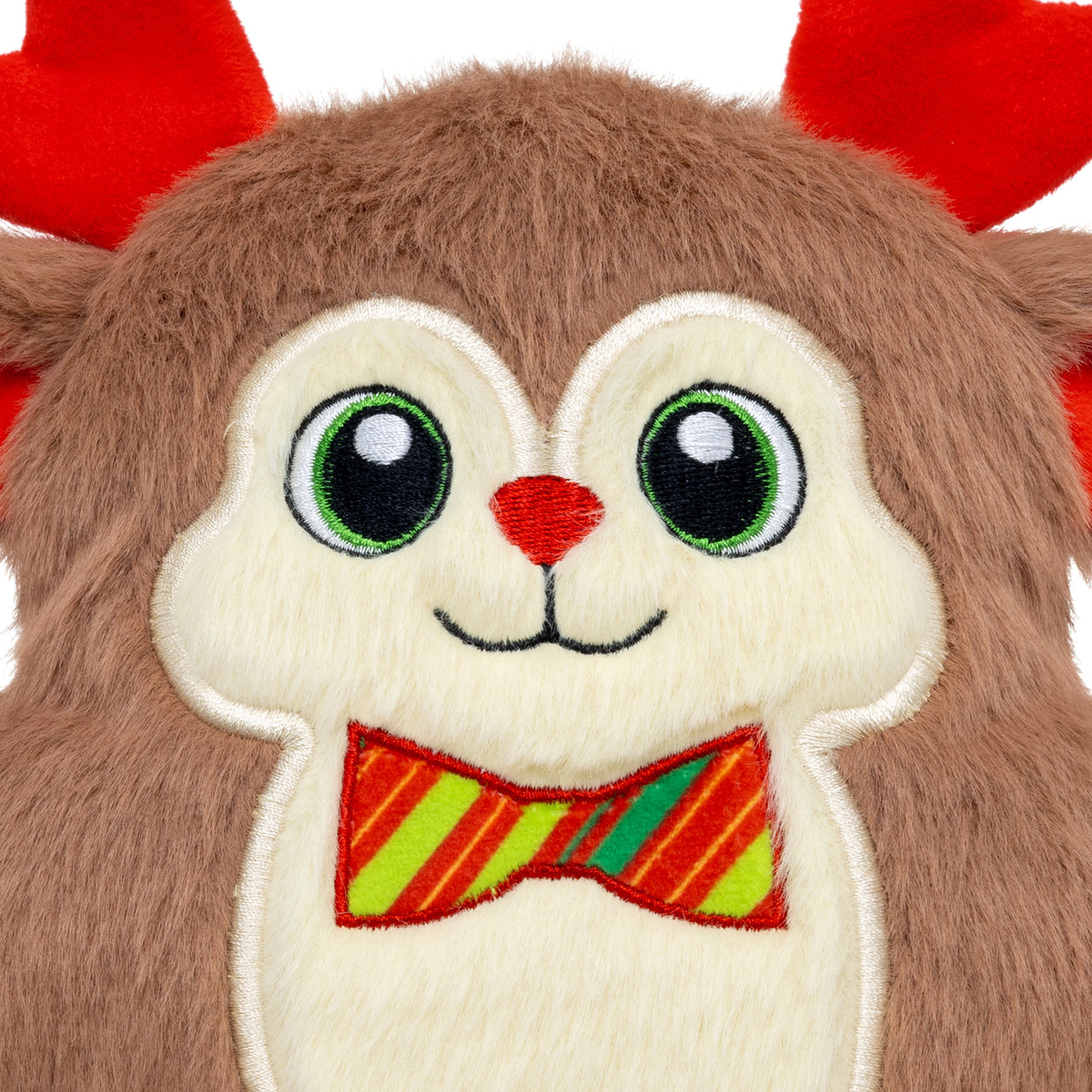 Kong Holiday Snuzzles Bow Tie Reindeer Dog Toy - Close-up of embroidered face and bow tie - Kong - PetMax Canada