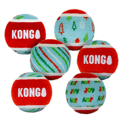 Kong Holiday SqueakAir Tennis Balls Dog Toy 6-Pack - six red and light-blue holiday tennis balls - Kong - PetMax Canada