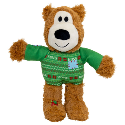 Kong Holiday Wild Knots Sweater Bear Dog Toy - Green - front view of tan plush bear in green KONG holiday sweater - Kong - PetMax Canada