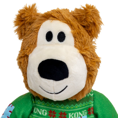 Kong Holiday Wild Knots Sweater Bear Dog Toy - Green - close-up of embroidered face and shaggy plush - Kong - PetMax Canada
